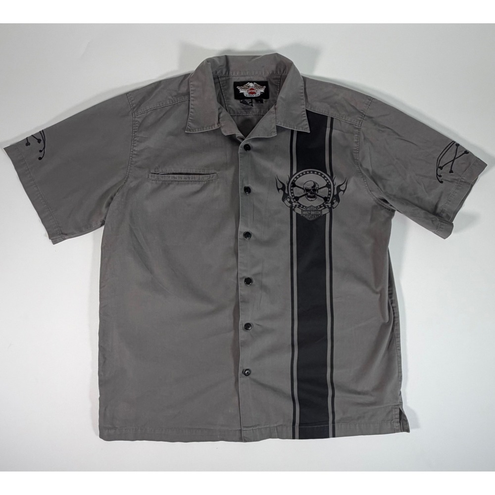 Harley-Davidson Mens Gray Skull Graphic Button Up Shirt Y2K Biker Large